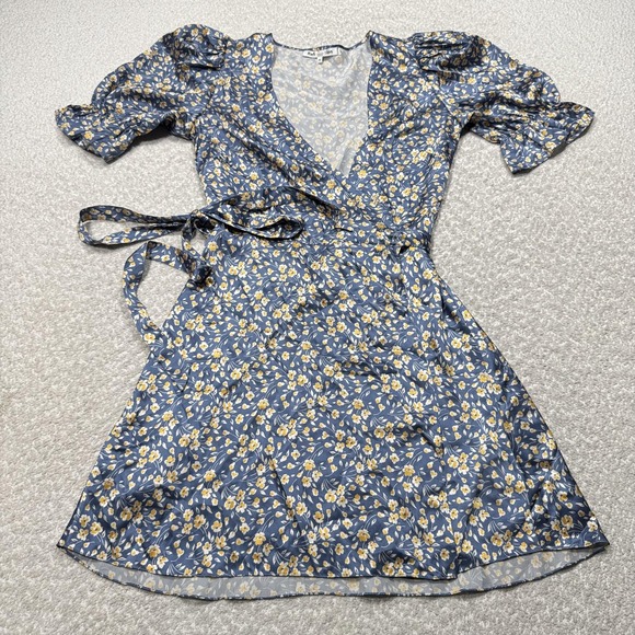 Reformation Georgia Dress Womens XS Blue Floral Silk Puff Sleeve Tie Waist Mini - Picture 1 of 7